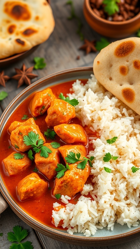 Butter chicken with rice and naan, garnished with cilantro on a rustic table.